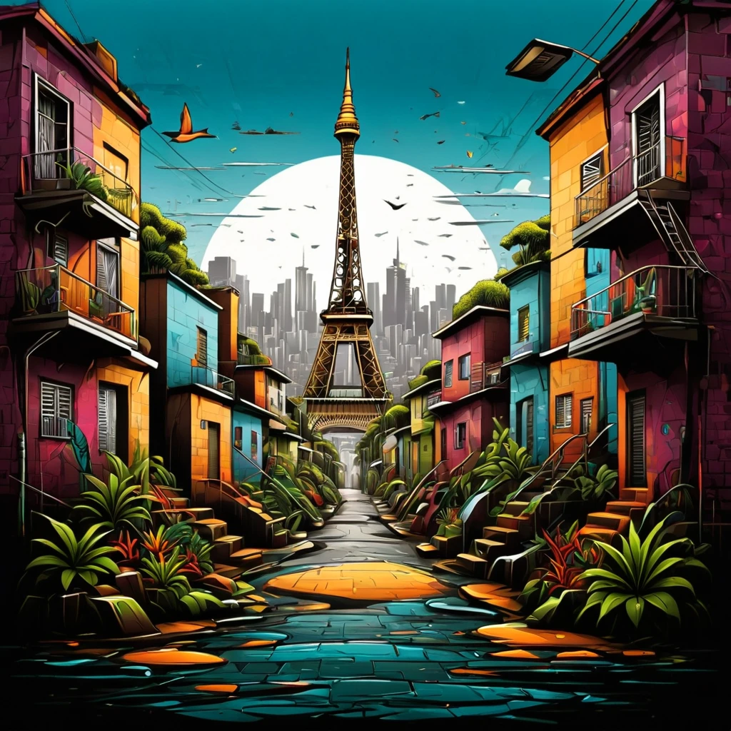 Vector t-shirt art design, centered, Eifell Tower in the middle of a favela, Brazil, Afrofuturism, plants, eifell tower made of houses in a favela, ultra quality, intricate details, cinematic lighting