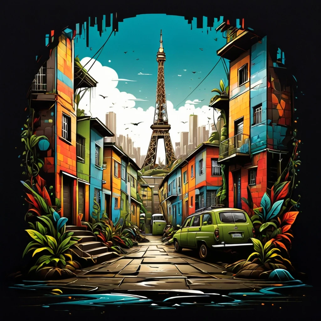 Vector t-shirt art design, centered, Eifell Tower in the middle of a favela, Brazil, Afrofuturism, plants, eifell tower made of houses in a favela, ultra quality, intricate details, cinematic lighting