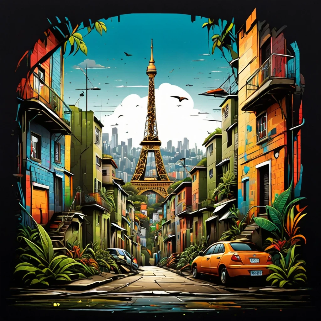 Vector t-shirt art design, centered, Eifell Tower in the middle of a favela, Brazil, Afrofuturism, plants, eifell tower made of houses in a favela, ultra quality, intricate details, cinematic lighting