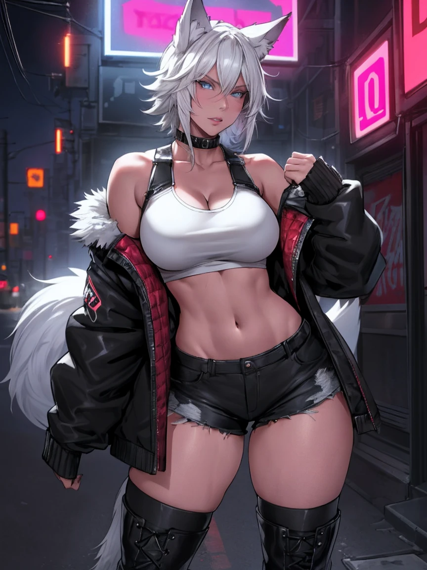 Single girl, Anime tomboy, Short, Long white hair, wolf ears, wolf tail, dark blue eyes, thigh high fishnets, black combat boots, wearing fur lined open jacket, short jacket, nude, solo tomboy, only one female ((big breasts)) solo, alone, (SOLO)(ALONE) thicc thighs, wide hips, blue eyes, perfect eyes, perfect face, full lips,white shirt, midriff, black cutoff shorts, perfect detailed face, (prostitution), (((prostitute))), standing, (redlight district), neon lights, bilboards, outside a brothel, cleavage,