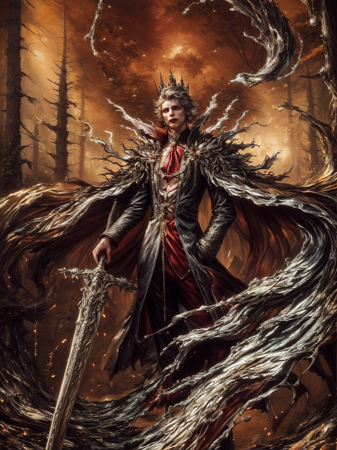 imagem de um vampiro masculino com uma espada em uma floresta, senhor vampiro, arte de estilo fantasia sombria, e Mumford Tom Bagshaw, uma ilustração de fantasia sinistra, governante do inferno, in style of arte de fantasia sombria, vampiro do clã lasombra, design de personagens de fantasia sombria, arte de fantasia sombria, lindo deus masculino da morte, arte de fantasia gótica. Extremely detaild, 8K, HDR, natural light, cinematic lighting, masterpiece-anatomy-perfect, Ultra HD, RAW photo, metallic, professional, ultra-fine painting, perfect body proportions, anatomically correct, uhd, real texture material, Anti-Aliasing, FKAA, TXAA, SSAO, Post Processing, Post Production, Tone Mapping, CGI, VFX, SFX, Hyper maximalist, Volumetric, ultra photorealultra-detailed intricate details.