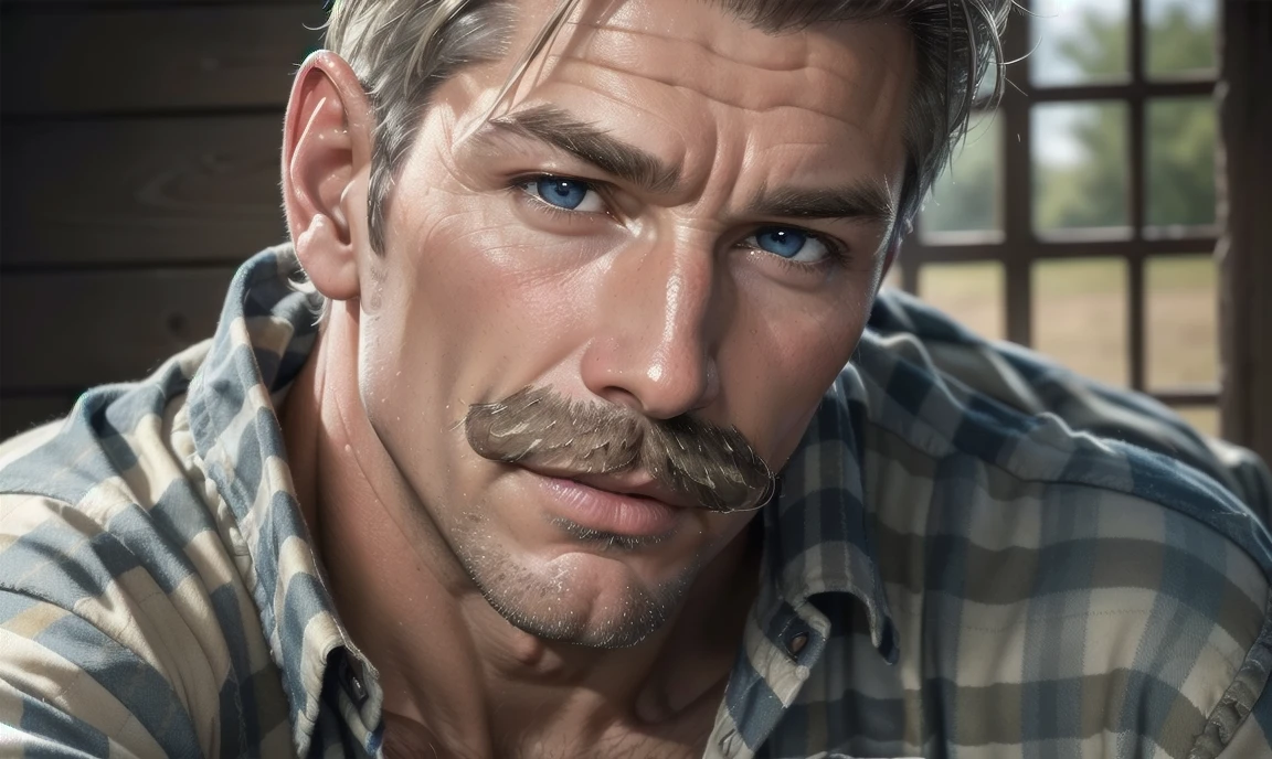 [((highly detailed, detailed eyes, detailed face, clear and realistic facial features, photorealistic, realistic light, cinematic)), ((((1 man)))), Mark is a handsome and alluring slender but muscular male farmer father aged 45 with short blond hair and a neat moustache and blue eyes and weathered skin, (((wearing a flannelette shirt))), ((((simple moustache)))), ((sexy southern gay daddy farmer)), ((greying dark-blond hair)), (((weathered mature face))), (((Mark has a seductive smirking look on his face and a slight blush on his cheeks))), There is a charming yet dry southern farm in the background, ((expression of strong attraction))]