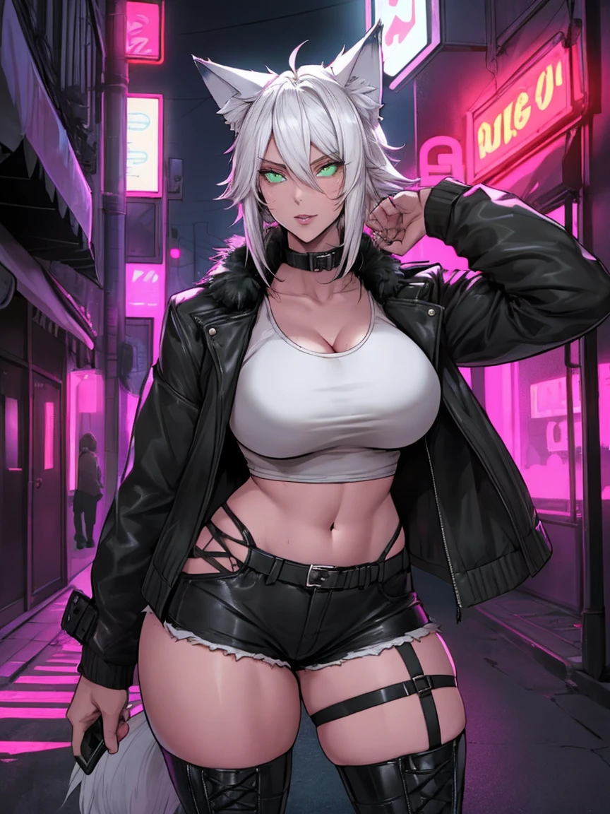 Single girl, Anime tomboy, Short, Long white hair, wolf ears, wolf tail, green eyes, thigh high fishnets, black combat boots, wearing fur lined open jacket, short jacket, nude, solo tomboy, only one female ((big breasts)) solo, alone, (SOLO)(ALONE) thicc thighs, wide hips, blue eyes, perfect eyes, perfect face, full lips,white shirt, midriff, black cutoff shorts, perfect detailed face, (prostitution), (((prostitute))), standing, (redlight district), neon lights, bilboards, outside a brothel, cleavage,