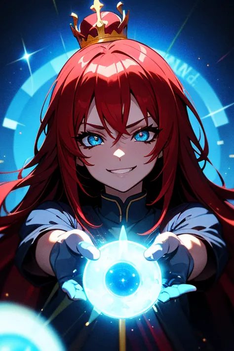 princesa das trevas com os olhos de sangue, red hair, crown, evil smile, anime style, lens flare, high detail, first-person view...