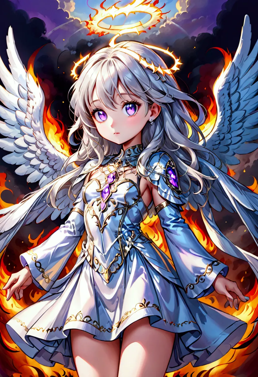 a female angel with platinum sky blue skin, silver light hair, three beautiful purple eyes, angel wings with eyes, wears a holy ...