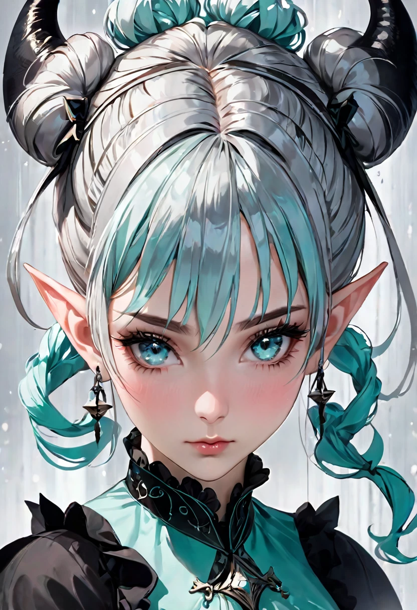 (masterpiece), (best quality half body), ultra realism, 1female, cold color scheme, looking at viewer, (silver_color_with_streaks_tied_bun_hairstyle, beautiful bangs, curls, forehead, hairclip), wearing Nordic fur, fur boots, Dracula teeth, elf ears, intricate detailed aqua eyes , pointy face, small eyes, soft smile, perfect anatomy, dynamic pose, intricate details,
