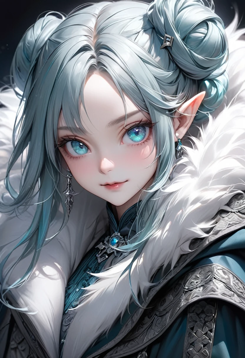 (masterpiece), (best quality half body), ultra realism, 1female, cold color scheme, looking at viewer, (silver_color_with_streaks_tied_bun_hairstyle, beautiful bangs, curls, forehead, hairclip), wearing Nordic fur, fur boots, Dracula teeth, elf ears, intricate detailed aqua eyes , pointy face, small eyes, soft smile, perfect anatomy, dynamic pose, intricate details,
