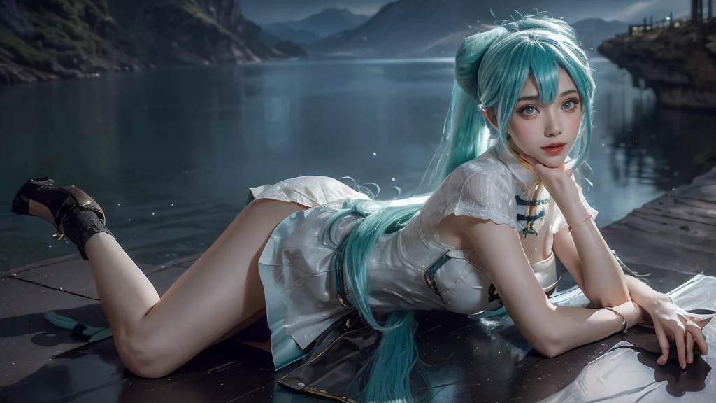 masterpiece,Game Art,Best picture quality,Maximum resolution,8k,(Upper Body),Unreal Engine 5 rendering works,Ray Tracing,RAW photos,(((Hatsune Miku Character))), (((Tosca Hair Color))), ((Long double ponytail hairstyle)), Enjoy the scenery, Focus on the Horizon, (((Perfect eyes))), (((Smile))), 21-year-old girl, Perfect body, (((Perfect anatomical structure))), Tosca Eye Color, Double eyelids, (((Small breasts))), Very detailed skin texture, (Realistic skin), Ultra-fine face, Delicate lips, (((Delicate eyes))), (((Double eyelids))), necklace, Moist skin, Wet hair, Simple background, (Front focus), (On the peaks:1.2), (((Night Atmosphere))), Deep Dark, Surrealist Portraits of Women by David Hockney and Alphonse Mucha, Fantasy Art, (((Photo-realistic))), ((Dynamic poses)), (((World Model Poses))), Dynamic Lighting, Art Station, poster, Volumetric Lighting, Very detailed faces, 4K, in the darkness, (((Night Atmosphere))), ((Deep Shadows)), Low profile, Cowboy shooting, (((Red long skirt))), Lighting Dress, (((Erotic lace dress))), (((stocking))),((3D Unreal Engine)),OC rendering reflection mode