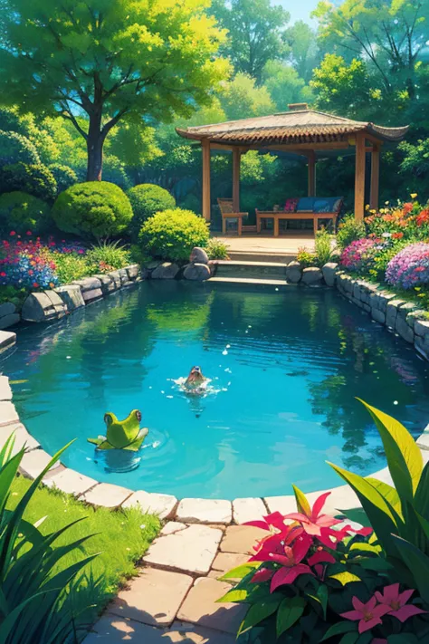 draw a serene and peaceful lake, surrounded by lush and colorful plants. on one of the banks, a small frog is sitting, happy and...