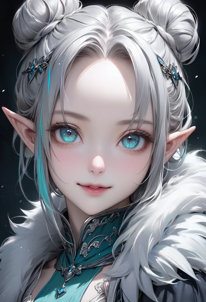 (masterpiece), (best quality half body), ultra realism, 1female, cold color scheme, looking at viewer, (silver_color_with_streaks_tied_bun_hairstyle, beautiful bangs, curls, forehead, hairclip), wearing Nordic fur, fur boots, Dracula teeth, elf ears, intricate detailed aqua eyes , pointy face, small eyes, soft smile, perfect anatomy, dynamic pose, intricate details,
