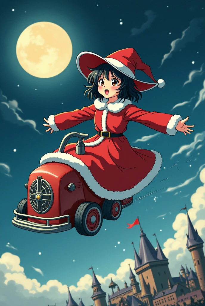 A classic Japanese anime style image of a Christmas witch sitting on a vacuum cleaner instead of a broom and flying through the sky. In the background you can see the moon and a medieval city.