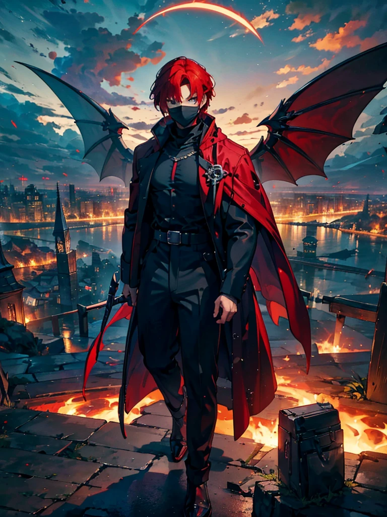 One young man wearing a mask,A faint magic circle floating in the sky,The blade that cleaves the darkness,The hero who confronts the destruction of the world,Wonderful fantasy,One boy with wine-red hair and twelve gleaming wings of blades,disaster々A horde of evil monsters,The decisive battle of fate