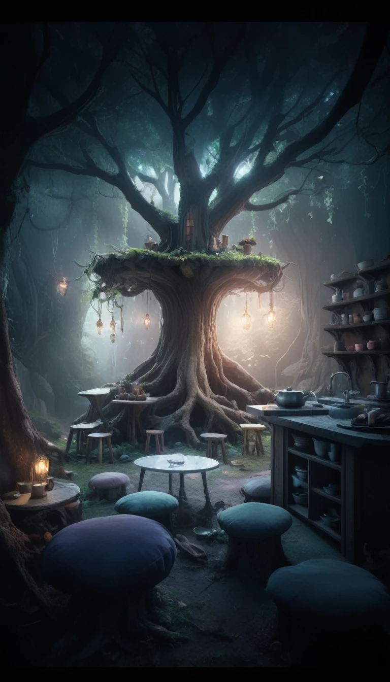 photograph of a comfy kitchen room in the underground (inside a tree root:1.2) in a magical fairy forest