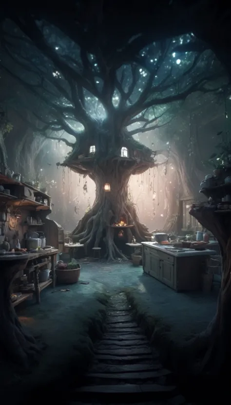 photograph of a comfy kitchen room in the underground (inside a tree root:1.2) in a magical fairy forest