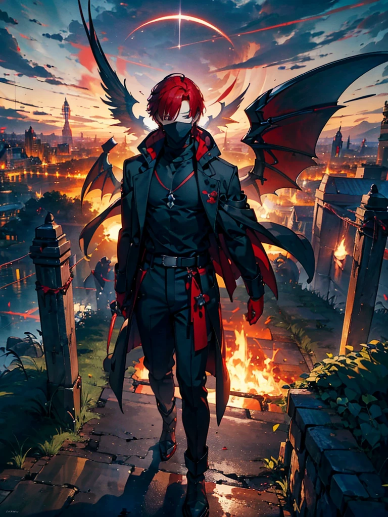 A young man wearing a mask that hides his eyes,A faint magic circle floating in the sky,The blade that cleaves the darkness,The hero who confronts the destruction of the world,Wonderful fantasy,Wine red hair and、A boy with 12 mechanical bladed wings,disaster々A horde of evil monsters,The decisive battle of fate