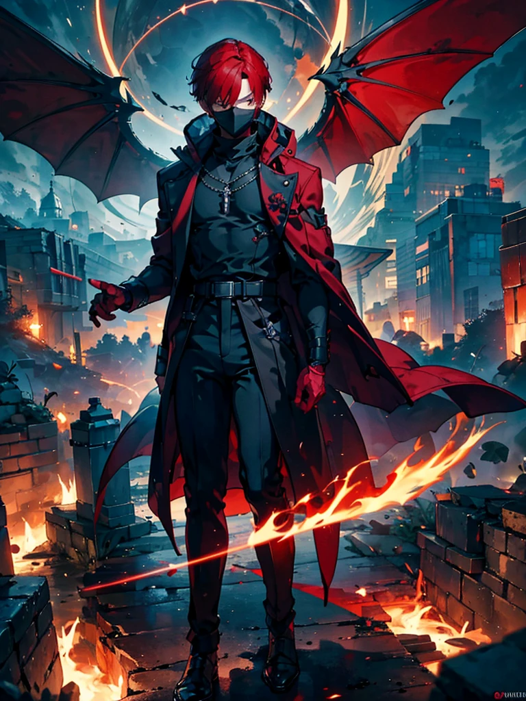 A young man wearing a mask that hides his eyes,A faint magic circle floating in the sky,The blade that cleaves the darkness,The hero who confronts the destruction of the world,Wonderful fantasy,Wine red hair and、A boy with 12 mechanical bladed wings,disaster々A horde of evil monsters,The decisive battle of fate