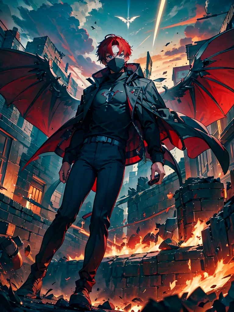 12 mechanical bladed wings、1 young man with a mask covering his face,A faint magic circle floating in the sky,The blade that cleaves the darkness,The hero who confronts the destruction of the world,Wonderful fantasy,1 boy with wine-red hair,disaster々A horde of evil monsters,The decisive battle of fate