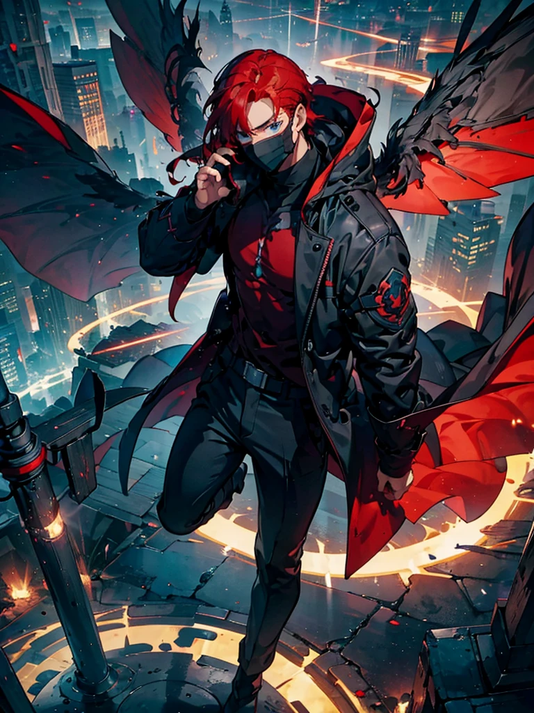 12 mechanical bladed wings、1 young man with a mask covering his face,A faint magic circle floating in the sky,The blade that cleaves the darkness,The hero who confronts the destruction of the world,Wonderful fantasy,1 boy with wine-red hair,disaster々A horde of evil monsters,The decisive battle of fate