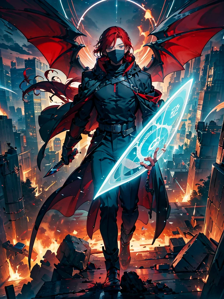 12 mechanical bladed wings、1 young man with a mask covering his face,A faint magic circle floating in the sky,The blade that cleaves the darkness,The hero who confronts the destruction of the world,Wonderful fantasy,1 boy with wine-red hair,disaster々A horde of evil monsters,The decisive battle of fate