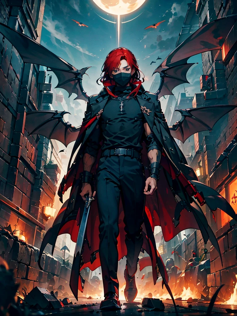 12 mechanical bladed wings、1 young man with a mask covering his face,A faint magic circle floating in the sky,The blade that cleaves the darkness,The hero who confronts the destruction of the world,Wonderful fantasy,1 boy with wine-red hair,disaster々A horde of evil monsters,The decisive battle of fate