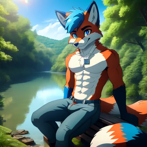 best quality, (masterpiece), (ultra detailed), (high quality), (high resolution), nj5furry, tall handsome sexy red fox, strong a...