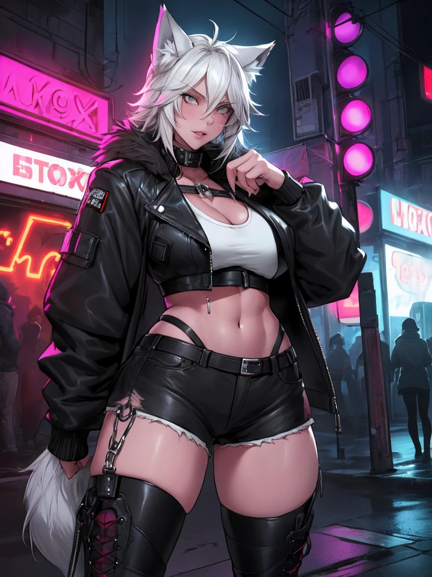 Single girl, Anime tomboy, Short, Long white hair, wolf ears, wolf tail, dark brown eyes, thigh high fishnets, black combat boots, wearing fur lined open jacket, short jacket, nude, solo tomboy, only one female ((big breasts)) solo, alone, (SOLO)(ALONE) thicc thighs, wide hips, blue eyes, perfect eyes, perfect face, full lips,white shirt, midriff, black cutoff shorts, perfect detailed face, (prostitution), (((prostitute))), standing, (redlight district), neon lights, bilboards, outside a brothel, cleavage,