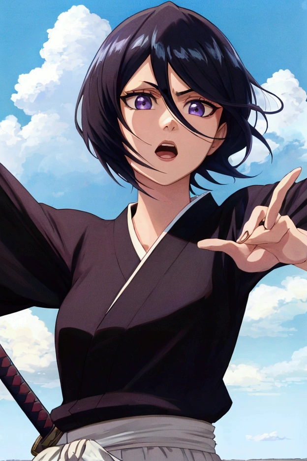 ((best quality)),((highly detailed)),masterpiece,absurdres,detailed face,beautiful face,(detailed eyes, deep eyes),1girl,((dynamic pose)) , Rukia, purple eyes, black hair, solo, weapon, sword, japanese clothes, day, open mouth, sky, black kimono, hair between eyes, cloud, short hair, kimono, outdoors, katana, long hair, blue sky, upper body, haori