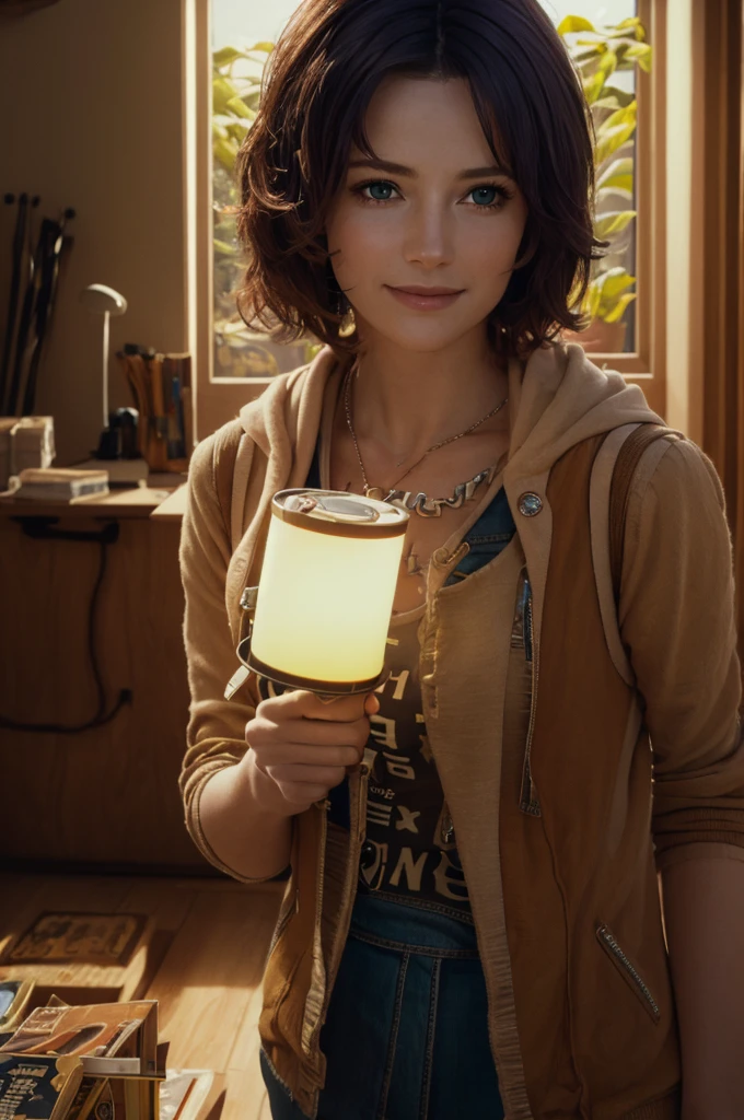 A young girl in realistic portrait of high quality and detail, movie style, younger face, (realistic face), (dark blue hair, short hair:1.3), beautiful hairstyle, realistic eyes, beautiful dark green detailed eyes, (realistic skin), beautiful skin, She is wearing a hoodie and sleeveless, Belle (Zenless Zone Zero), happy face, glow, eye shadow, 1girl, Depth & Perspective, smiling on her face, fine face, she is standing in the video rental salon, Hands in pockets, a showcase with VHS tapes in the background, indoors, sunlight from windows, looking at viewer, (ultra-high detail:1.2), Masterpiece, Best Quality, Ultra-detailed, Cinematic lighting, 8K, delicate features, cinematic, 35 mm lens, f/1.9, highlight lighting, global lighting –uplight –v 4, cinematic, Cinematic lighting, 8K, high quality, Highest Quality, (Solo Focus), (extremly intricate:1.3), (Realistic), masterful, Analog style, (Film grain:1.5), (warm hue, cold tone), 