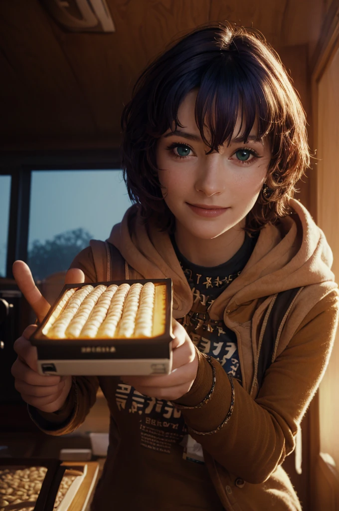 A young girl in realistic portrait of high quality and detail, movie style, younger face, (realistic face), (dark blue hair, short hair:1.3), beautiful hairstyle, realistic eyes, beautiful dark green detailed eyes, (realistic skin), beautiful skin, She is wearing a hoodie and sleeveless, Belle (Zenless Zone Zero), happy face, glow, eye shadow, 1girl, Depth & Perspective, smiling on her face, fine face, she is standing in the video rental salon, Hands in pockets, a showcase with VHS tapes in the background, indoors, sunlight from windows, looking at viewer, (ultra-high detail:1.2), Masterpiece, Best Quality, Ultra-detailed, Cinematic lighting, 8K, delicate features, cinematic, 35 mm lens, f/1.9, highlight lighting, global lighting –uplight –v 4, cinematic, Cinematic lighting, 8K, high quality, Highest Quality, (Solo Focus), (extremly intricate:1.3), (Realistic), masterful, Analog style, (Film grain:1.5), (warm hue, cold tone), 