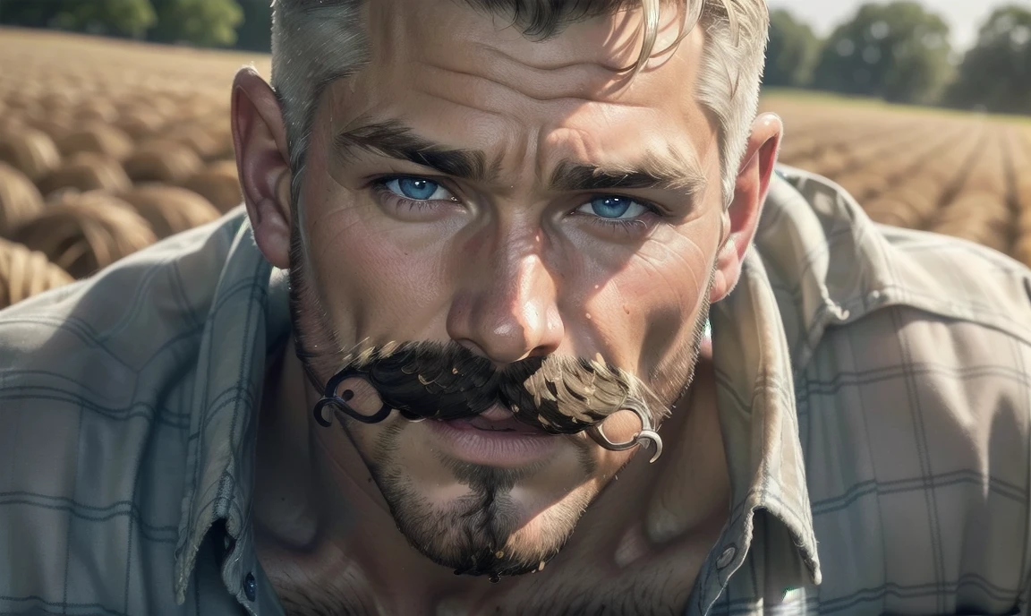 [((highly detailed, detailed eyes, detailed face, clear and realistic facial features, photorealistic, realistic light, cinematic)), ((((1 man)))), Mark is a handsome and alluring slender but muscular male farmer father aged 45 with short blond hair and a neat moustache and blue eyes and weathered skin, ((((middle-aged man)))), (((wearing a flannelette shirt))), ((((well-groomed moustache)))), ((sexy southern gay daddy farmer)), ((greying dark-blond hair)), (((heavily weathered sun-tanned face))), (((Mark has a seductive smirking look on his face and a slight blush on his cheeks))), There is a charming yet dry southern farm in the background, ((((expression of strong attraction on face))))]