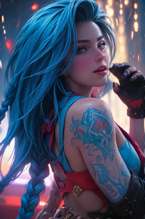 hyper realistic super detailed jinx cosplay, wearing a bikini and shorts, very detailed, (hyper realistic: 1.4), looking at view...