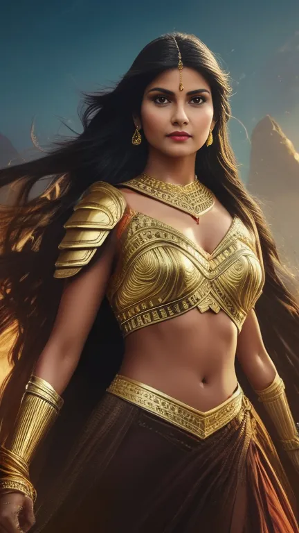 a beautiful indian woman superhero, long dark hair, piercing eyes, high cheekbones, detailed facial features, intricate body arm...