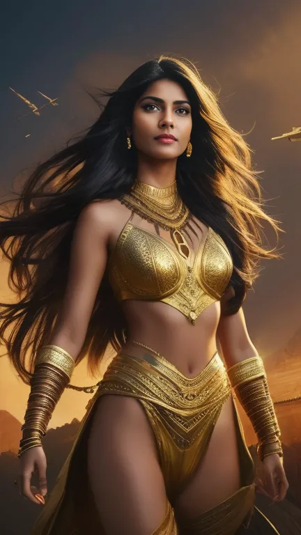 a beautiful indian woman superhero, long dark hair, piercing eyes, high cheekbones, detailed facial features, intricate body arm...