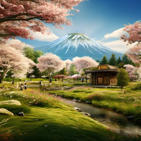 generate an image of a japanese field full of cherry blossoms, ultra realisitic, detailed landscape, realistic image, ultra defi...