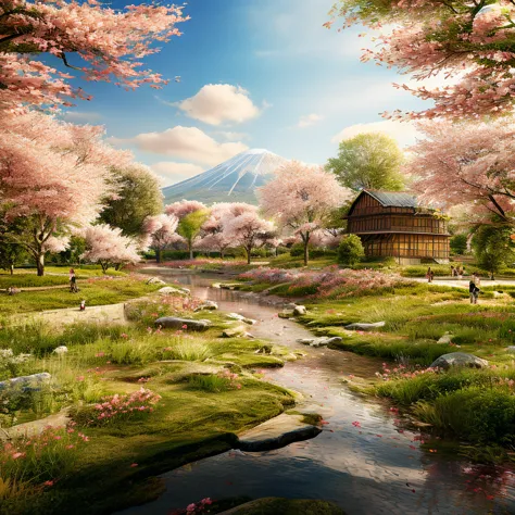 generate an image of a japanese field full of cherry blossoms, ultra realisitic, detailed landscape, realistic image, ultra defi...