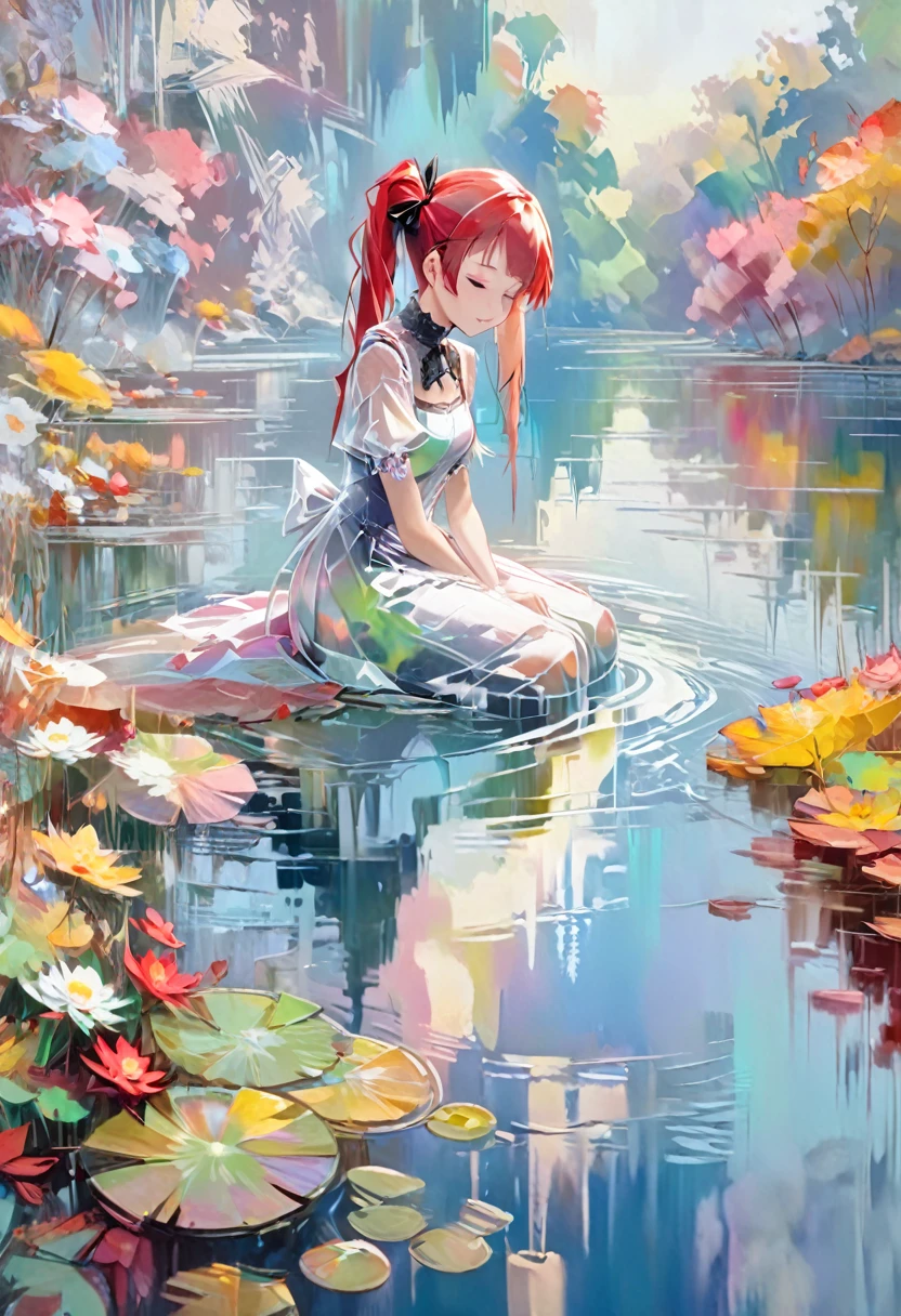 Painting the cyberpunk world with oil paintings, using impressionist colors, (pale colors:1.5 ) ,Monet's、A girl with red pigtails wearing a cyber chic dress Sleeping by the lake,The girl is very beautiful and pretty, about .Beautiful red hair in twin tails,The girl is wearing a cyber chic gothic lolita dress with red and white as the main colors.A girl is sitting by a beautiful lake in cyberspace and dozing off alone.holographic effect of lake surface,Around the lake, you can see the autumn leaves of trees floating in beautiful cyberspace.Beautiful expression of cyberspace,High quality, high precision image, masterpiece, best quality, 4k.8k. ultra detail, professionally painted oil painting,