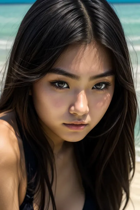 unbelievable photography,((photorealistic,)),beautiful japanese girl,18old,black bikini,beautiful face,stern expression,glare at...