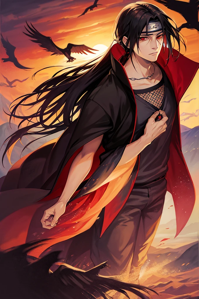 Itachi Uchiha performing a genjutsu, an illusion of a vast, eerie landscape with crows flying, serious face, hd anime art.