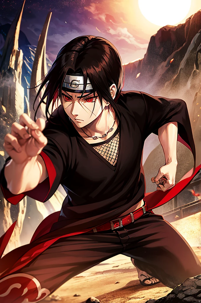 Itachi Uchiha in a fierce battle with Kabuto Yakushi, dynamic action pose, underground cave setting, hd anime art.
