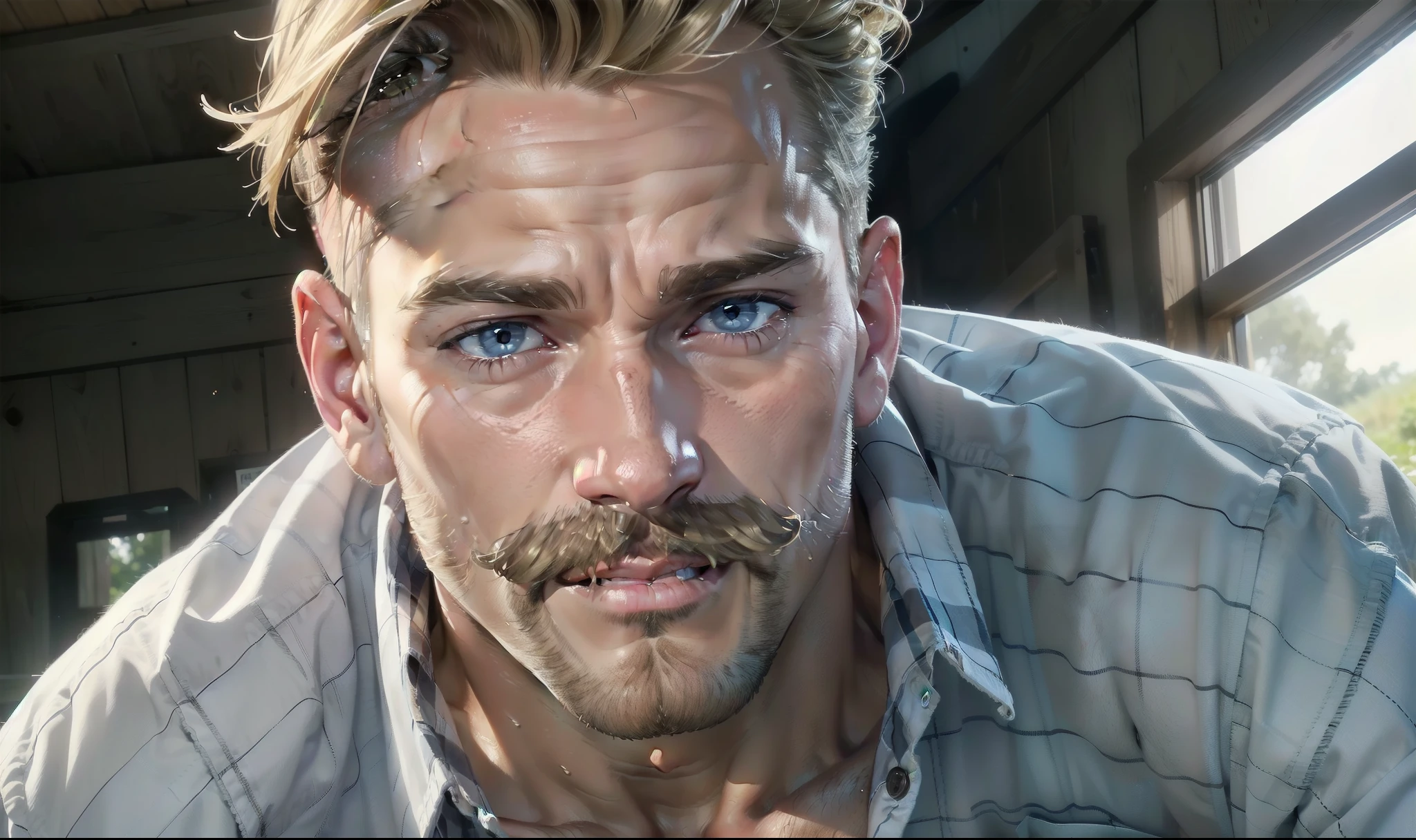 [((highly detailed, detailed eyes, detailed face, clear and realistic facial features, photorealistic, realistic light, cinematic)), ((((1 man)))), Mark is a handsome and alluring slender but muscular male farmer father aged 45 with short blond hair and a neat moustache and blue eyes and weathered skin, ((((middle-aged man)))), (((wearing a flannelette shirt))), ((((well-groomed blond moustache)))), ((sexy southern gay daddy farmer)), ((greying dark-blond hair)), (((heavily weathered sun-tanned face))), (((Mark has a seductive smirking look on his face and a slight blush on his cheeks))), There is a charming yet dry southern farm in the background, ((((expression of strong attraction on face))))]