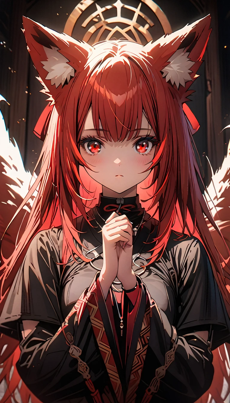 1girl,(Long fiery red hair),(Fox's call to prayer),(fox tail),(red eyes),(black clothes),(tight skirt),(expressionless face),(masterpiece:1.5), (8k details:1.3), (unlimited details:1.2), (best eyes:1.4), (ultra clothes details:1.3), (highly detailed background), (vibrant colors), (dynamic lighting), (realistic skin texture), (intricate patterns), (sharp focus), (full-body view), (natural poses), (expressive emotions), (cinematic composition)