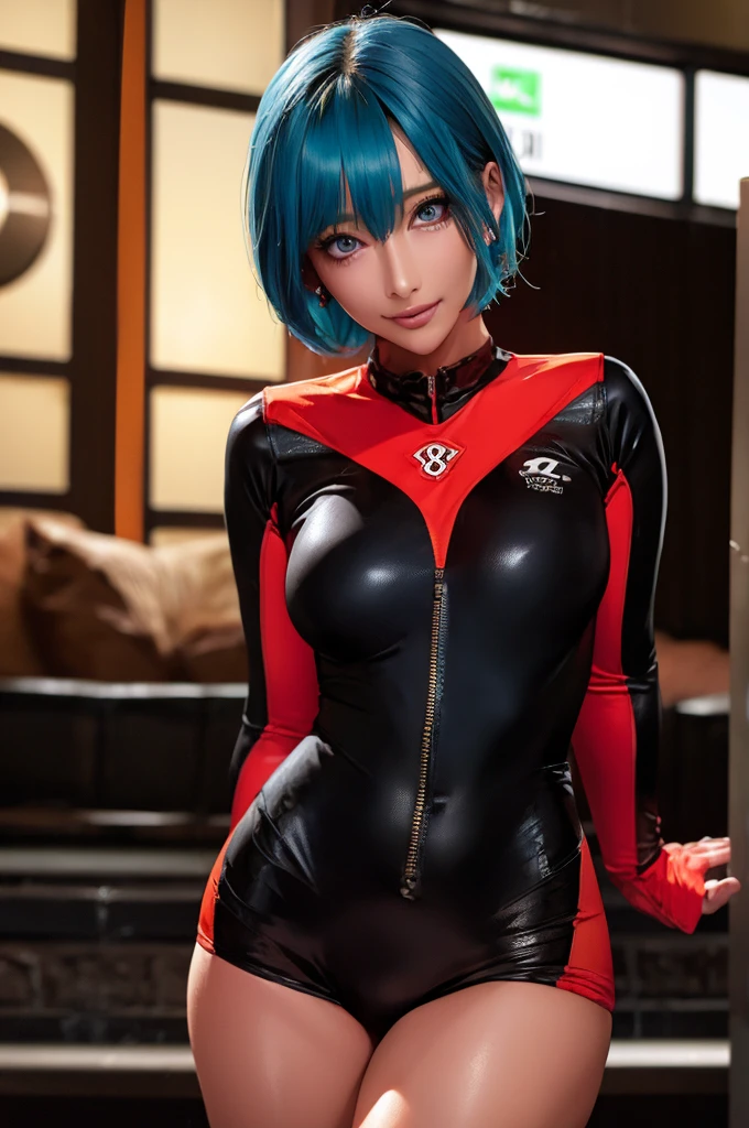 (Highest quality), Realistic, Gal,Sea of night,Sea of night辺,whole body,(((Big Breasts:1.2))),Sweat in the valley,Wet body,masterpiece,Accurate Human Anatomy,Realistic expression,,Become very clear,(short hair,Sharp bangs)Black panties,Fleshy crotch,(((Highest quality,Highest quality,8k images)))Blue Hair,Sexy pose,Evangelion Cosplay(Plug Suit)