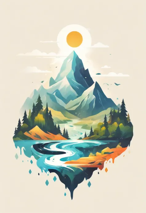 t-shirt design, impressive painting of a mountain with trees and water, a detailed painting by petros afshar, shutterstock conte...