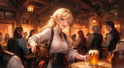 an illustrated scene set in a lively fantasy tavern at twilight. the focus is on a cheerful elf waitress, a young woman with lon...