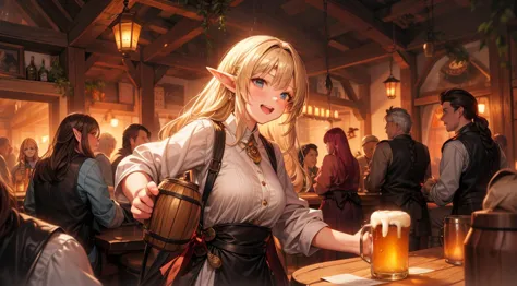 an illustrated scene set in a lively fantasy tavern at twilight. the focus is on a cheerful elf waitress, a young woman with lon...