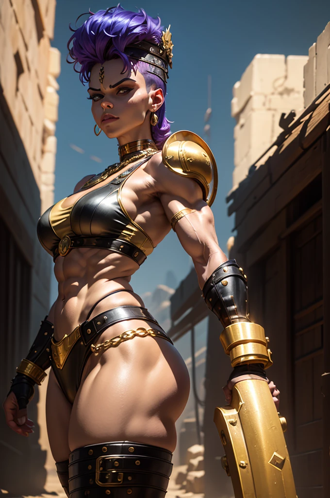 A beautiful, strong woman with prominent muscles on her abdomen.Navel .Wearing an iron arm on her shoulder .Wearing a shiny golden iron shield and a golden bikini with golden chains .Chains at the thigh . Wearing a golden crown at the head . Thick, strong thighs .Wearing black wrestling gloves.Fire in the sky .