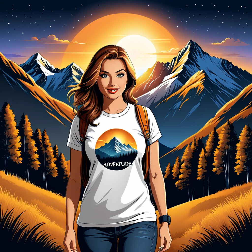 print ready vector t-shirt design, adventure scene with explorer, with beautiful nocturnal sun and mountain in the background, clean white background, professional vector, full shot, 8K resolution, deep impression illustration