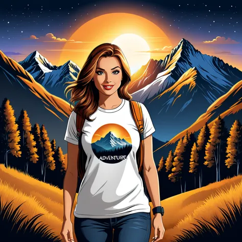 print ready vector t-shirt design, adventure scene with explorer, with beautiful nocturnal sun and mountain in the background, c...