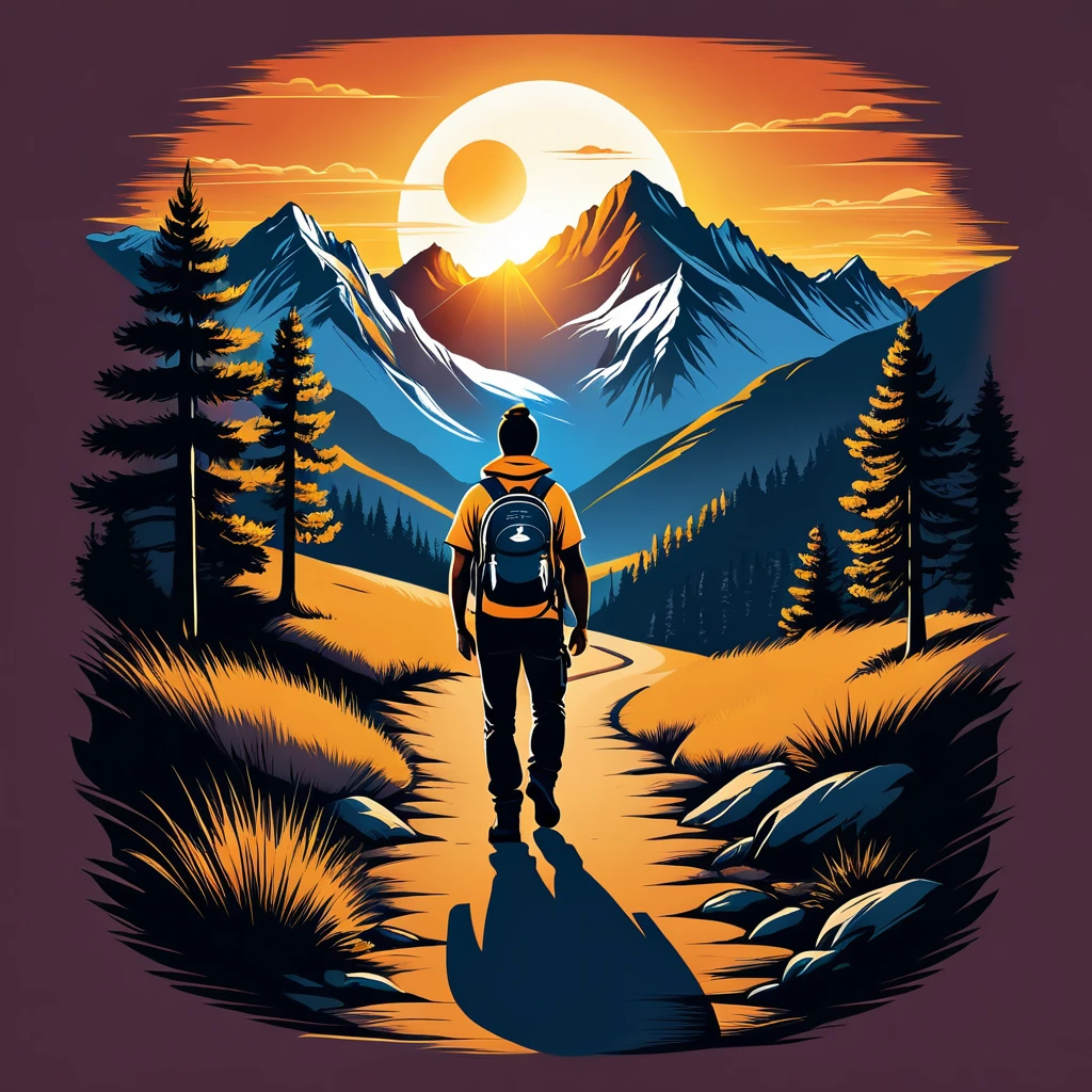 print ready vector t-shirt design, adventure scene with explorer, with beautiful nocturnal sun and mountain in the background, clean white background, professional vector, full shot, 8K resolution, deep impression illustration