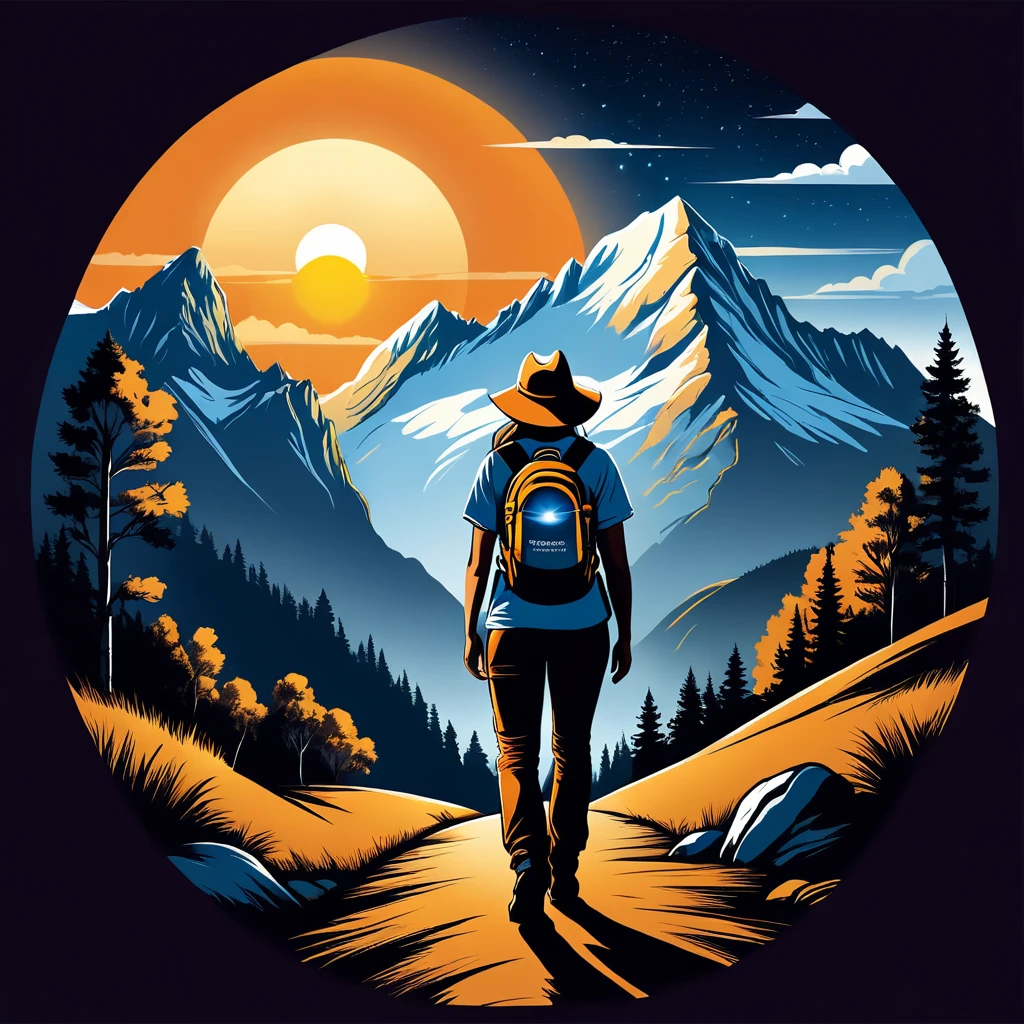 print ready vector t-shirt design, adventure scene with explorer, with beautiful nocturnal sun and mountain in the background, clean white background, professional vector, full shot, 8K resolution, deep impression illustration